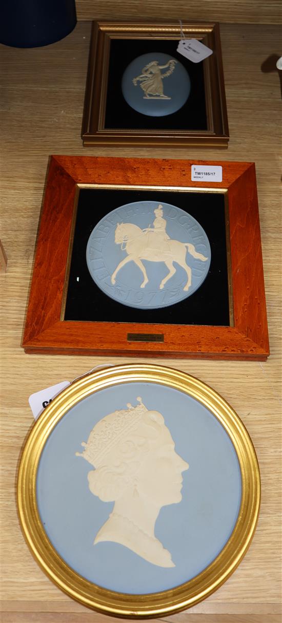 Three Wedgwood blue and white Jasperware framed plaques,